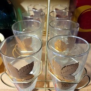 Mid Century Gold Libby glasses with stand